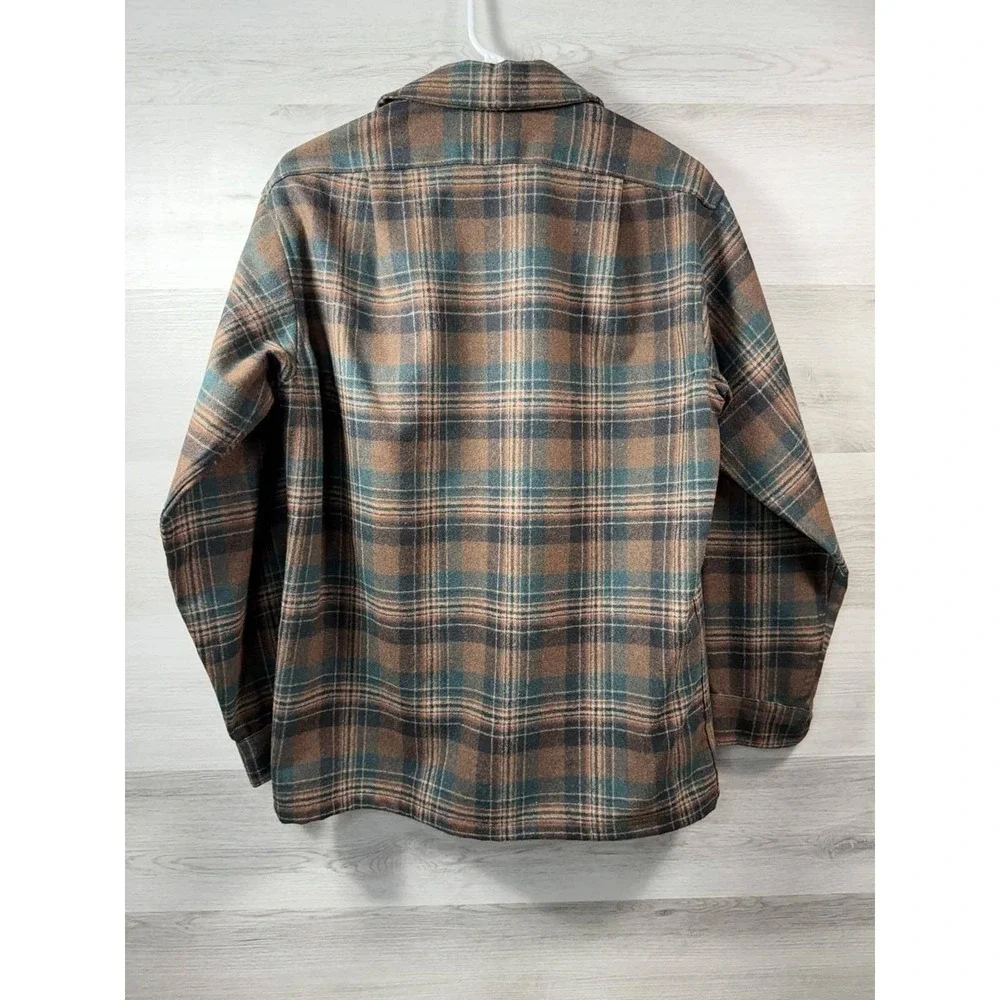 Vintage Pendleton Shirt Medium Brown Teal Plaid Flannel Button Flap Pocket Wool - Picture 2 of 3